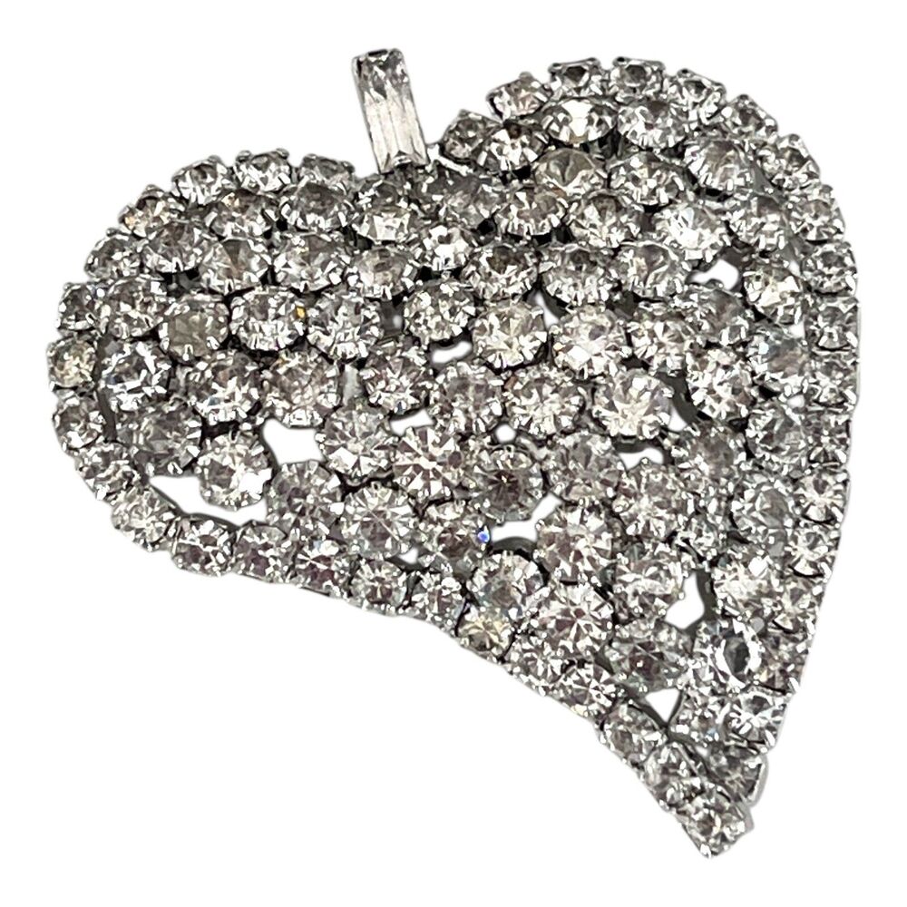 Vintage 1960s Heart Brooch Rhinestone Pave Silver Tone Statement Pin - 10Q